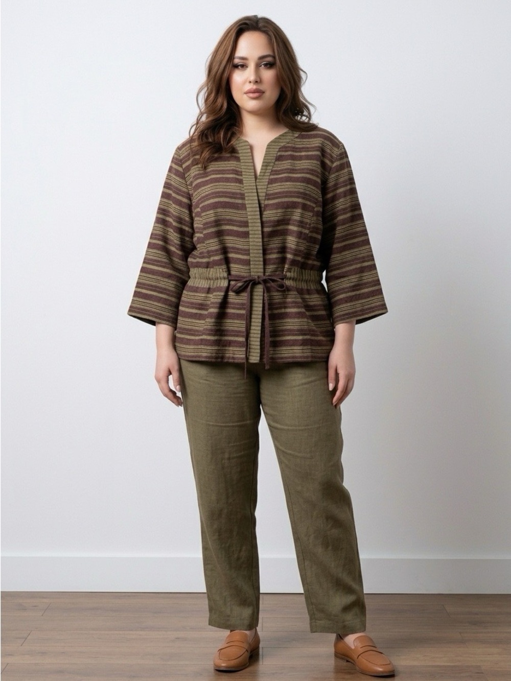 Ks Women’s Collection Striped Kimono Jacket with Tie Waist